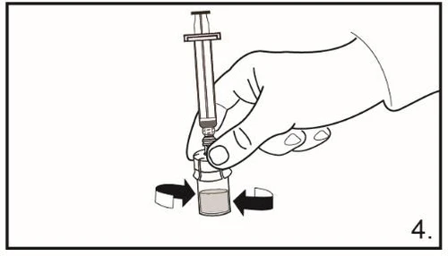 A hand holding a syringe to aspirate liquid from a small glass vial, with black arrows indicating the movement