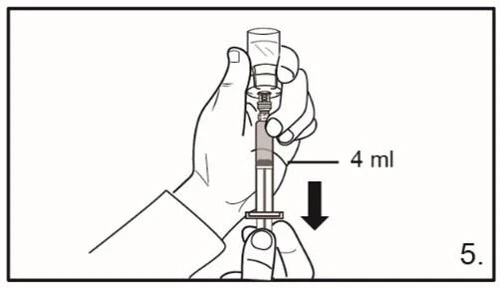 A hand holding a syringe containing 4 ml of liquid while the