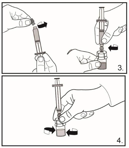 Diagram showing the steps to connect the syringe to the vial and screw on the cap to withdraw the liquid medication