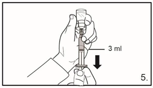 A hand holding a syringe with a 3 ml indicator and a black arrow pointing downward indicating piston movement