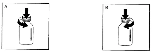 Dwa diagramy w czerni i bieli pokazują kierunek obrotu kapsułki buteleczki, z czarnymi strzałkami wskazującymi ruch w lewo i w prawo