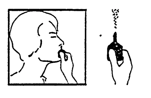 Line drawing of a person holding an inhaler near the mouth and another device emitting a cloud of particles towards it