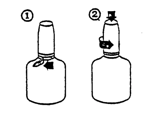 Two-step diagram showing a vial with an arrow indicating removal of a seal and an arrow indicating pressing down on the cap