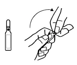 Disegno schematico in bianco e nero che mostra una fiala a sinistra e due mani che la aprono ruotando la parte superiore con una freccia curva