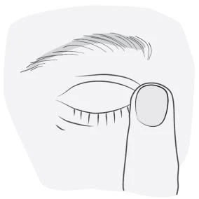 Line drawing of a closed eye with visible eyelashes and a finger gently pressing on the lower eyelid