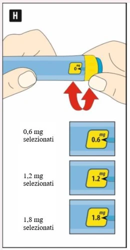 Dwie ręce trzymają niebieskie pióro iniekcyjne z czerwonymi strzałkami i trzema ramkami pokazującymi wybrane dawki: 0,6 mg, 1,2 mg i 1,8 mg