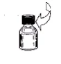 Schematic drawing of a glass vial with a black stopper and a curved arrow indicating a leftward rotation movement