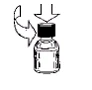 Diagram with arrows indicating the motion for removing the black stopper from a transparent glass vial containing liquid