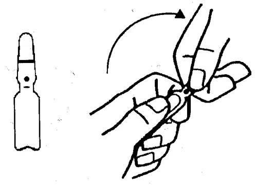 Disegno tecnico che mostra un dispositivo medico a sinistra e due mani che lo impugnano per ruotarlo verso destra seguendo una freccia curva