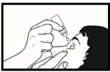 A hand holding a dropper bottle to apply a drop of liquid into the nose of a person with dark hair