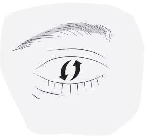 Dibujo estilizado de un ojo con dos flechas negras curvas que indican un movimiento rotatorio en el