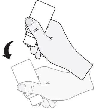 Dibujo técnico que muestra dos manos sosteniendo e inclinando un frasco médico hacia abajo para el