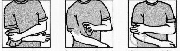 Three sequential illustrations show a person rolling up their sleeve, applying a device to the arm, and then rotating the arm downward