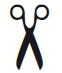Icono negro estilizado de un par de tijeras abiertas con dos anillos para los dedos y cuchillas orientadas hacia abajo sobre fondo blanco