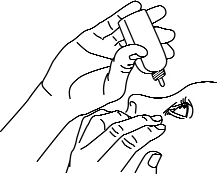 Dibujo con líneas negras que muestra dos manos sosteniendo un frasco para aplicar gotas en un ojo abierto de una persona