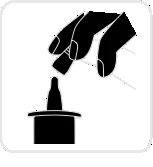Two stylized black hands holding a vial above a cap or cylindrical container on a white background