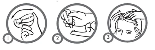 Three numbered illustrations show how to apply the gel: shake the tube, press to dispense the product, and massage it into the scalp