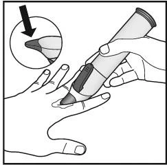 Two hands hold a pen-shaped medical device placed against the skin of a finger, with an inset showing the device tip