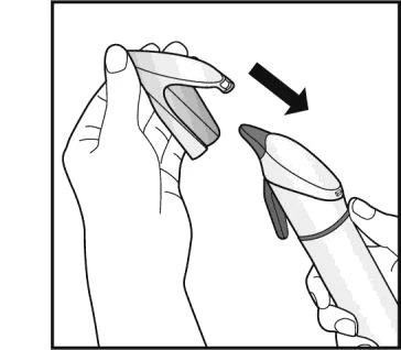 Black and white drawing showing two hands separating components of an injection pen with a black arrow indicating the direction of movement