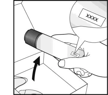A hand holds an injection pen above an open container with a black arrow indicating downward movement direction