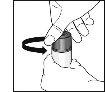 Two hands hold a bottle while the upper hand rotates the cap clockwise, indicated by a black curved arrow