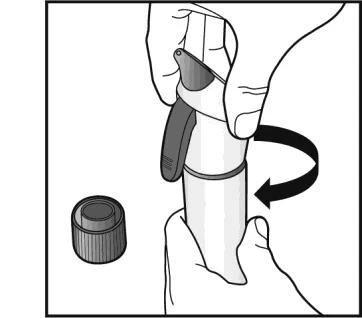 Two hands rotate the top part of a white cylindrical medical device next to a separate grooved cap, indicated by a curved black arrow