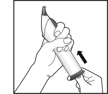 Two hands hold an injection pen with a black arrow indicating a downward movement