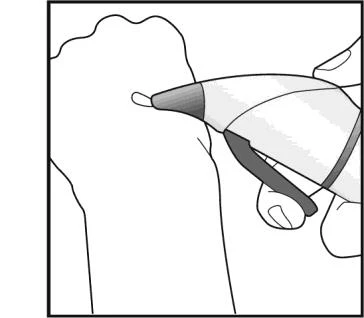 Black and white drawing showing a hand holding a medical device for the