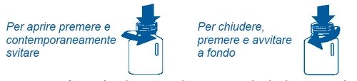 Diagrama con dos ilustraciones azules de un frasco: la primera muestra cómo abrirlo presionando y girando, la segunda cómo cerrarlo presionando y enroscando