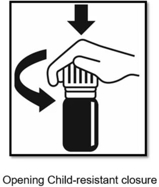 A hand turns the cap of a bottle downward to open the child-resistant safety closure indicated by black arrows