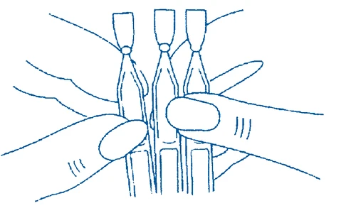 Technical drawing in blue showing two fingers pressing and firmly holding three narrow vials together for drug administration