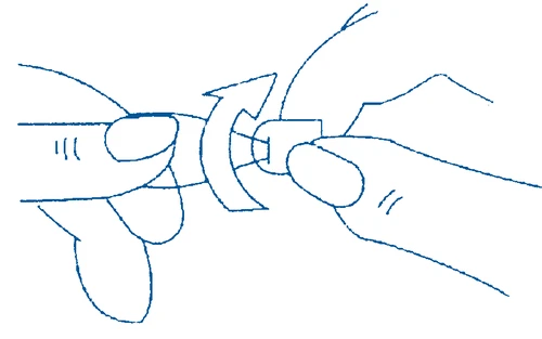 Two hands holding a small cylindrical device with a curved arrow indicating a rotational movement between the fingers