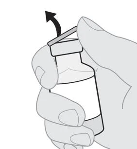 A hand holds a glass vial while a finger lifts the top cap following the direction of a curved arrow pointing upward