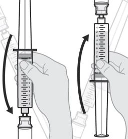 Diagram showing two hands rotating a syringe with needle and liquid to aspirate contents from a medical vial, with directional curved arrows