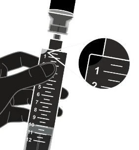 A hand holds a syringe with a graduated scale from 1 to 12 and a circular magnification showing details of the numerical marks 1 and 2