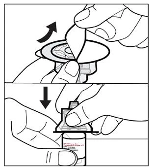 Two-step illustration showing hands lifting a circular cap and then pressing it downward onto a medical vial