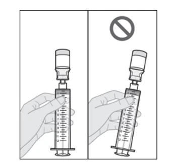 Two illustrations show hands holding syringes vertically with a prohibition symbol above the syringe tilted to the right