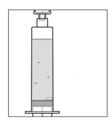 Black-and-white technical drawing of a vertical syringe containing gray liquid with small air bubbles