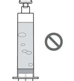 Technical drawing of a syringe containing liquid with air bubbles