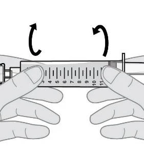 Two hands hold a graduated syringe with black curved arrows indicating a rotational movement