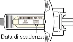 Close-up of a medical device with label showing batch number JLNS8A and expiration date 02/2018 with an indicator arrow