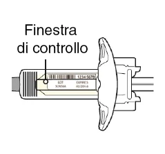 Technical drawing of a medical device with label showing batch and expiration date and a circular viewing window highlighted by a line