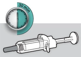 Analog clock with indicator at 30 minutes next to a horizontal medical syringe on a light gray background