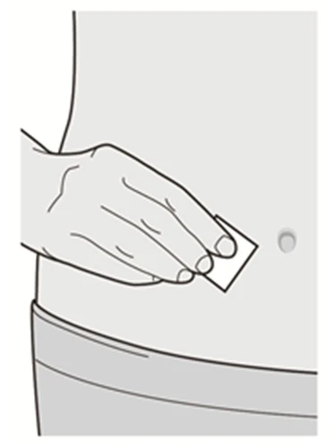 A hand applies a small rectangular patch onto the skin of the