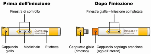 Comparison between two injectable pens with labels, viewing windows, and caps, before and after the