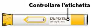 Illustration of a 200 mg/1.14 ml Dupixent injectable pen with a black arrow indicating the