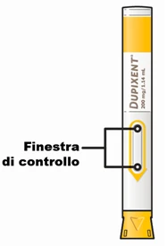 Dupixent 200 mg injectable pen on white background with indication of the viewing window via a black line and Italian text