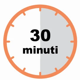 Stylized clock with orange frame indicating a 30-minute interval with half of the dial shaded gray and black central text