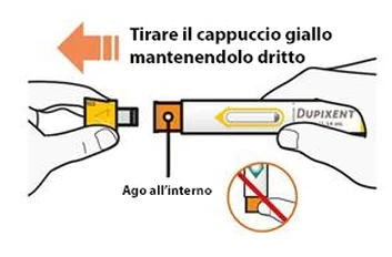 Drawing showing two hands separating a medical device by pulling the yellow cap to the left with the