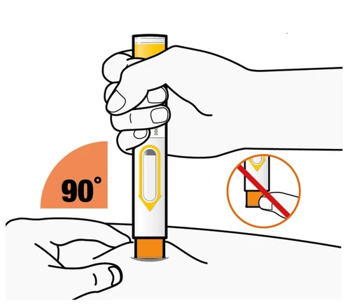 Illustration of a hand holding an injectable pen at 90 degrees to the skin and a red barred circle indicating not to hold it tilted